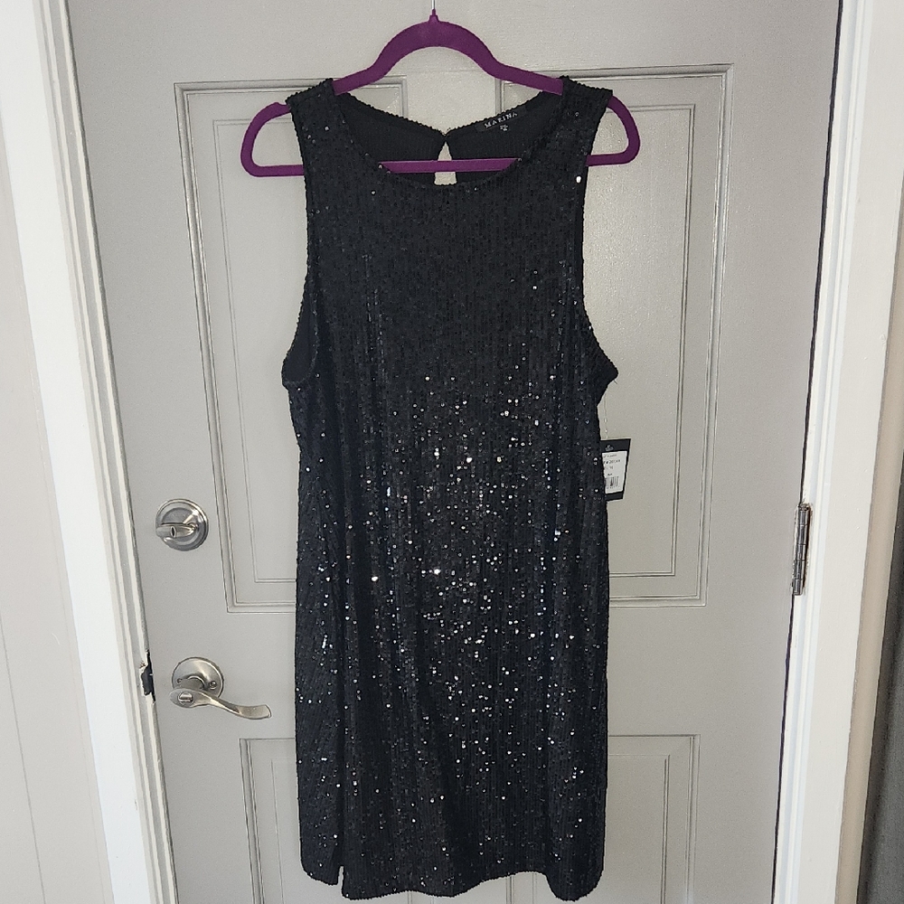 MARINA Black Sequin Shift Dress Sz. 16